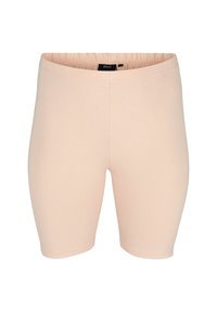Light pink, knee-length stretchy shorts with an elastic waistband, designed for comfort and casual wear.