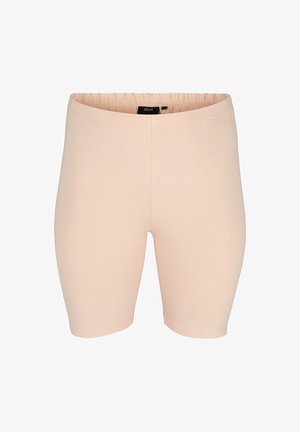 Svetlo roza, elastične kratke hlače do kolen z elastičnim pasom, zasnovane za udobje in priložnostno nošnjo.