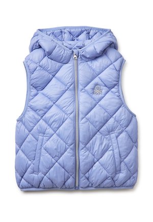 Jasnofioletowa pikowana bezrękawnikowa kamizelka z kapturem, zapinana na zamek z przodu, z dwoma kieszeniami oraz małym haftowanym logo na piersi.