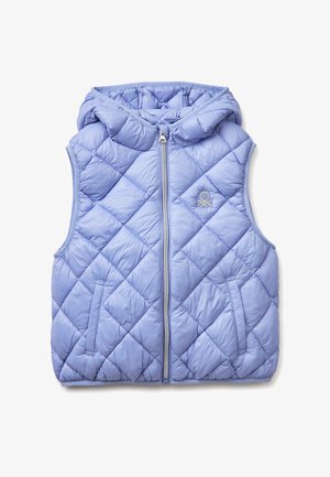 Hellviolette, gesteppte, ärmellose Weste mit Kapuze, vorderem Reißverschluss, zwei Taschen und kleinem, auf der Brust eingesticktem Logo.