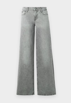 Grå vidbukse laget av denim, med fem lommer, høy midje og en lett falmet finish med synlige sømmer.