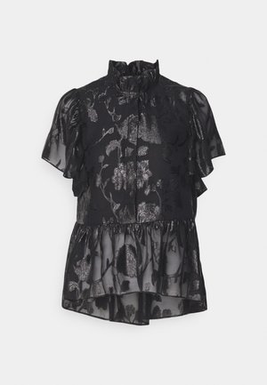Schwarze Bluse mit Rüschensleeves, hohem Kragen und floralem Muster aus schimmerndem Stoff. Geschichtetes Peplum-Design mit transparenter Textur. Knopfverschluss.