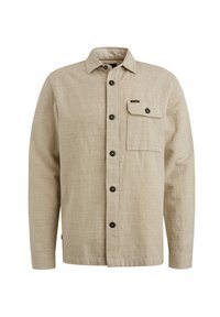 Lichtbeige overhemd met lange mouwen, een gestructureerde afwerking, knopen aan de voorkant, zwarte knopen en een borstzak met een klep.
