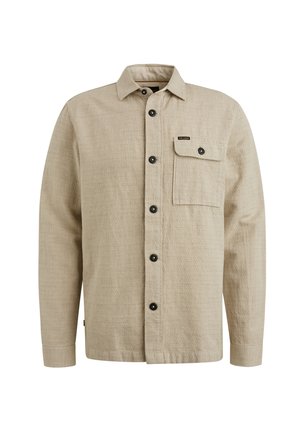Light beige long-sleeve shirt with a textured finish, button-up front, black buttons, and a chest pocket featuring a flap.