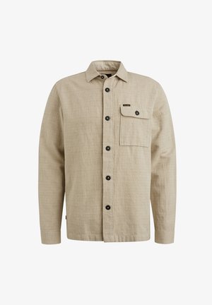 Lichtbeige overhemd met lange mouwen, een gestructureerde afwerking, knopen aan de voorkant, zwarte knopen en een borstzak met een klep.