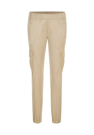 Beige slim-fit cargo pants met een elastische tailleband, zijzakken en enkelmanchetten, ontworpen voor casual gebruik.