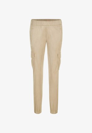 Beige slim-fit cargo pants met een elastische tailleband, zijzakken en enkelmanchetten, ontworpen voor casual gebruik.
