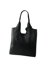 Zwarte leren tote bag met een gladde textuur, unieke uitsnijdingen als handvatten en een minimalistisch ontwerp. Geen zichtbare hardware of accenten.