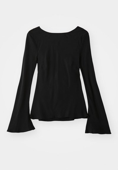 T-shirt noir à manches longues avec un décolleté en cœur. Doté de manches évasées et d'une coupe légèrement ample. Confectionné dans un tissu lisse et extensible.