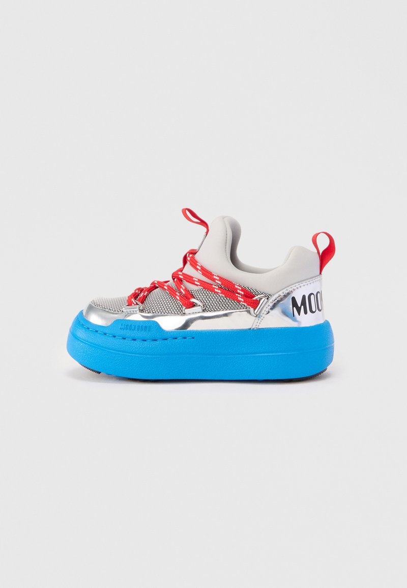 Silver mesh sneaker with a blue platform sole, red laces, and a grey collar. Features a red tag at the back with "MOOD."