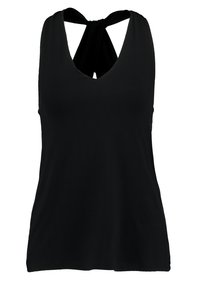 Czarny bezrękawnik z głębokim dekoltem w kształcie litery V i plecami w formie węzła, wykonany z miękkiego materiału o gładkiej fakturze.