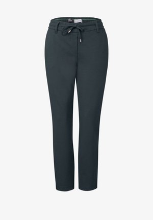 Mørkegrå bukser med snoretræk i taljen og elastisk bånd, der har en smal pasform og en glat stofoverflade uden synlige mønstre.