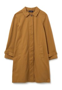 Beige Jacke mit kragenlosem Ausschnitt, Raglanärmeln und zwei seitlichen Taschen. Glattes Material mit Knopfverschluss und aufgerollten Ärmelenden.