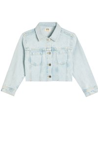 Giacca cropped in denim blu chiaro con colletto, chiusura con bottoni e due tasche sul petto; presenta impunture a contrasto e orli leggermente sfilacciati.
