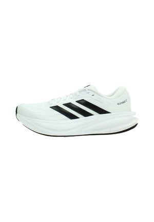 Chaussure de course blanche avec des bandes noires, une semelle épaisse et rembourrée, et le texte « Response 2 » sur le talon.