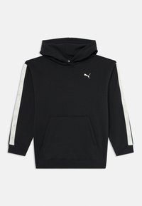Felpa nera con cappuccio, con il logo bianco di Puma sul petto e strisce bianche con loghi Puma che scendono lungo le maniche.
