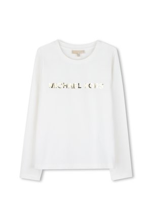 Chemise blanche à manches longues avec col rond et texte métallique doré "MICHAEL KORS" centré sur le devant.