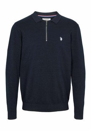 Marineblauer Polo-Pullover aus Strickstoff, mit einem Reißverschluss am Kragen, langen Ärmeln, gerippten Bündchen und einem kleinen weißen Logo auf der Brust.