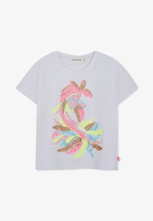 Bela srajca s kratkimi rokavi, na kateri je pisan flamingo iz bleščic, ki nosi sončna očala v obliki srca in naglavni trak.