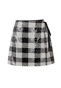 Jupe à carreaux noire et blanche ornée de sequins avec une ceinture à nouer ; forme trapèze, surface texturée et finition brillante.
