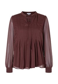 Burgunderfarbene Bluse mit langen, durchsichtigen Ärmeln, gefälteltem Oberteil und Stehkragen. Mit einer vorderen Schleife und elastischen Bündchen. Weiche Textur.