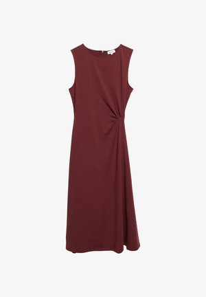 Sukienka bez rękawów do kolan w kolorze burgundowym z okrągłym dekoltem i bocznym detalem skrętu, z zamkiem na plecach.