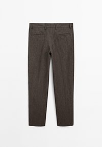 Dark brown trousers with a textured fabric, featuring two back pockets, a straight-leg design, and belt loops at the waist.