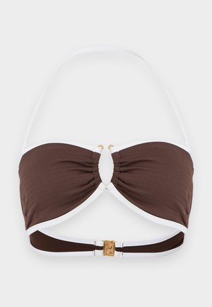 Pruun bandeau-bikiinitop valge äärisega, kogutud keskmise detaili, reguleeritava kaelarihmaga ja tagaküljel kuldse tooniga klambriga kinnitusega.