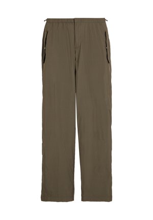 Olive green, lightweight pants with an elastic waistband and two side pockets. Smooth texture with subtle vertical stripes.