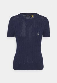Navy knitted short-sleeve sweater with a cable pattern, round neckline, and a small embroidered logo on the chest pocket.