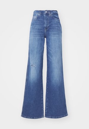 Bredde ben blå denimjeans med høy midje, med et slitt kne-detalj og en glatt tekstur. Klassisk fem-lomme design.