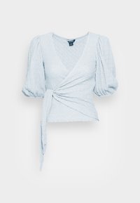 Top avvolgente azzurro chiaro con tessuto testurizzato, scollatura a V, maniche corte a sbuffo e dettaglio con fiocco in vita.