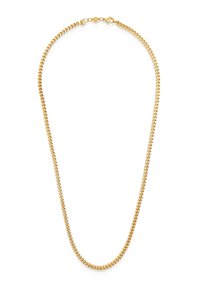 Guld metal kæde halskæde med sammenkoblede led, der har en glat, blank finish. Inkluderer en sikker lås til lukning.