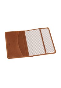 Portafoglio in pelle marrone aperto, con molteplici scomparti per carte e una fodera interna in tessuto a righe. Simbolo di protezione RFID visibile all'interno.