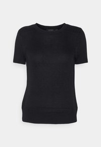 Svart kortärmad stickad tröja med rund halsringning, texturerade axlar och mönstrad nederkant.