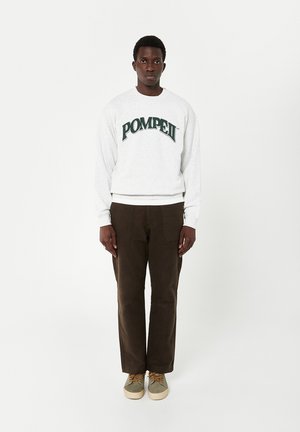 Felpa grigia con la scritta "POMPEI" in lettere verdi, abbinata a pantaloni marroni e scarpe verdi con suole beige. Design semplice, abbigliamento casual.