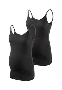 Camisoles noires conçues pour la maternité, avec des bretelles réglables et un tissu lisse et extensible pour le confort et l'ajustement. Deux pièces incluses.