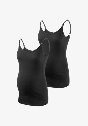 Black camisoles designed for maternity, featuring adjustable straps and a smooth, stretchy fabric for comfort and fit. Two pieces included.