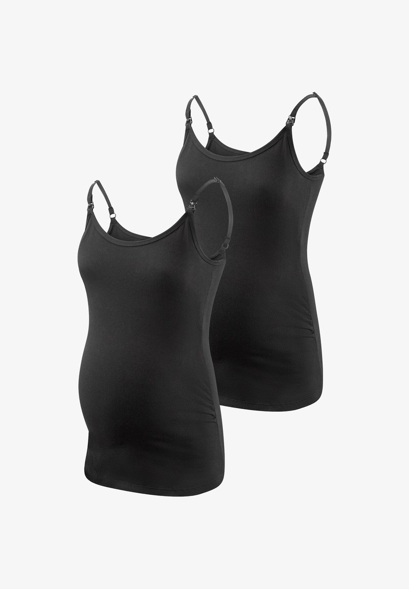 Black camisoles designed for maternity, featuring adjustable straps and a smooth, stretchy fabric for comfort and fit. Two pieces included.