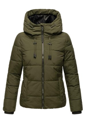 Olivgrüne Steppjacke mit Kapuze, mit einem Reißverschluss vorne, verstellbarem Kordelzug, gestepptem Muster und schwarer Innenauskleidung.