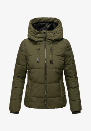 Olivgrüne Steppjacke mit Kapuze, mit einem Reißverschluss vorne, verstellbarem Kordelzug, gestepptem Muster und schwarer Innenauskleidung.