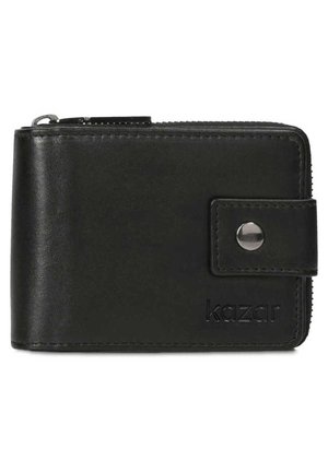 Black leather wallet featuring a zip closure, snap button, and embossed "kazar" logo. Compact design with clean lines and smooth texture.