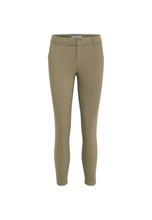 Pantaloni fitted color khaki con una texture liscia, dotati di chiusura con bottone, passanti per cintura e design a gamba affusolata.