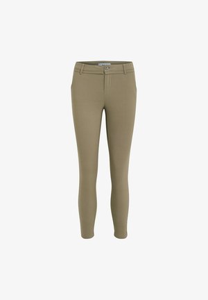 Khaki přiléhavé kalhoty s hladkou texturou, vybavené knoflíkovým zapínáním, poutky na opasek a tapered nohavicemi.