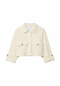 Krátká krémová bunda z měkkého materiálu, s límcem, dvěma předními kapsami na knoflíky a vyhrnutými rukávy.