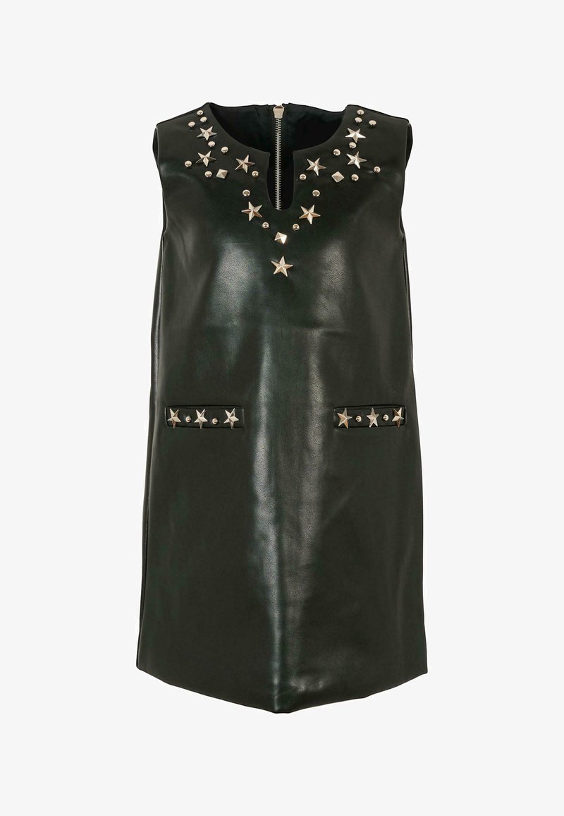 Robe sans manches en cuir vert avec des clous en forme d'étoiles argentées le long de l'encolure et des poches. Dispose d'une fermeture éclair dans le dos.