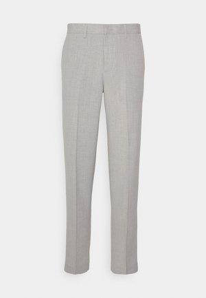 Pantaloni grigi chiari con una texture liscia, frontale piatto e gambe dritte. Realizzati in tessuto traspirante, dotati di tasche interne e passanti per cintura.