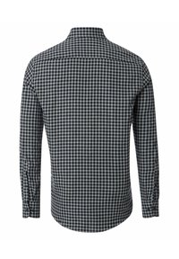 Koszula z długim rękawem, zapinana na guziki, w granatowo-kremową kratkę, z miękkiego materiału, klasycznym kołnierzykiem i mankietami zapinanymi na jeden guzik.