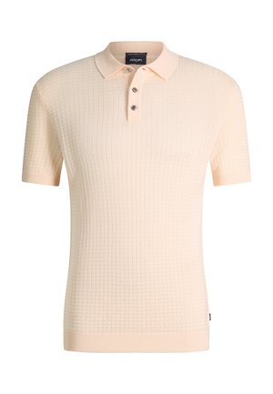 Beiges Kurzarm-Poloshirt mit strukturiertem Quadratmuster und Drei-Knopfleiste.