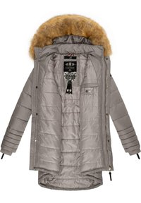 Gray padded jacket with a faux fur hood, featuring striped texture, front pockets, and a full-length zipper. Lined interior with branding tags.